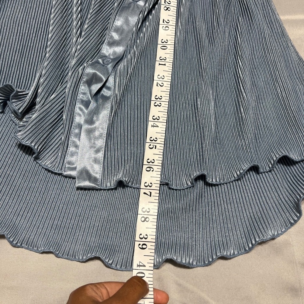 ACOA Blue Pleated Satin Shirt Dress Belted Long Sleeve Button Front Size L NWT - Picture 7 of 7